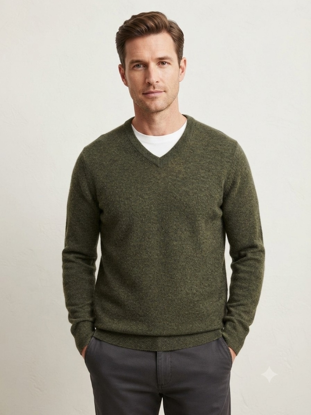 Hart Schaffner Marx Men's V-Neck Sweater Olive Green Extra Fine Merino Wool 2XT
